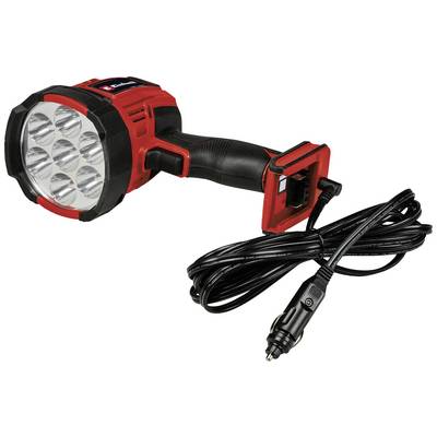 Red and black portable LED work light with multiple lamps and long cable. Suitable for connecting to a vehicle.