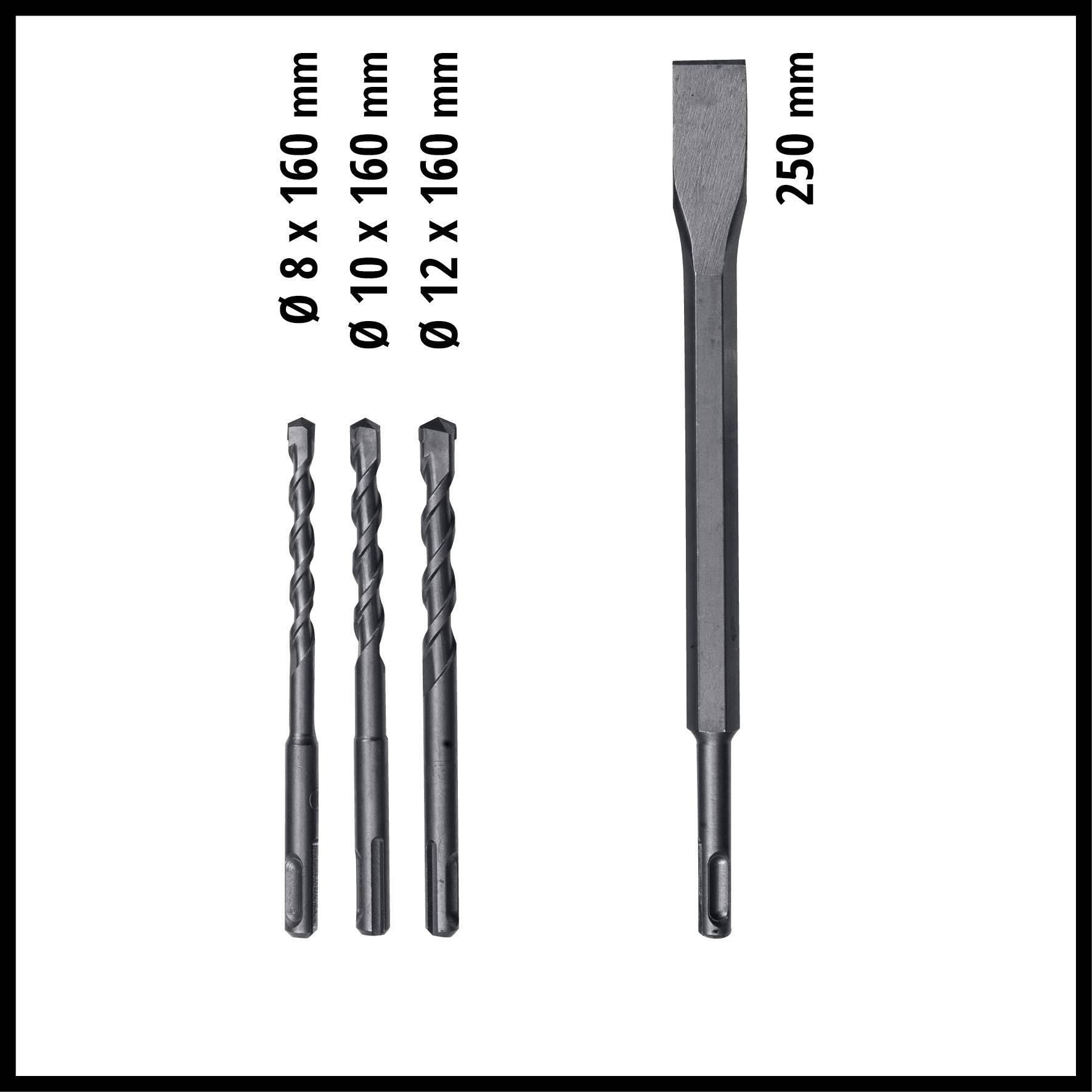 'Three drill bits with lengths of 160 mm and diameters of 8, 10, 12 mm, along with a chisel with a length of 250 mm.'