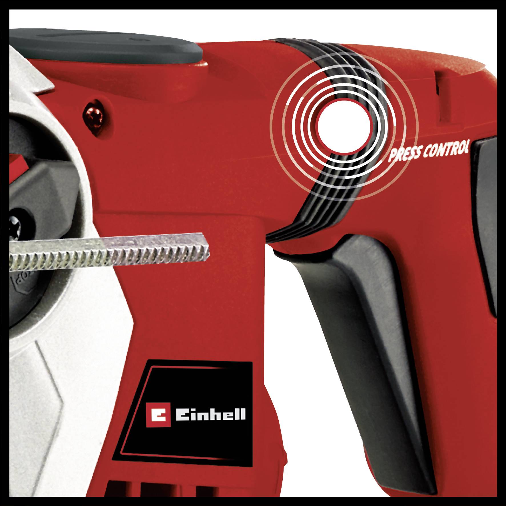 The image shows a red Einhell electric tool with a highlighted 'Press Control' button and a silver clamp at the front.