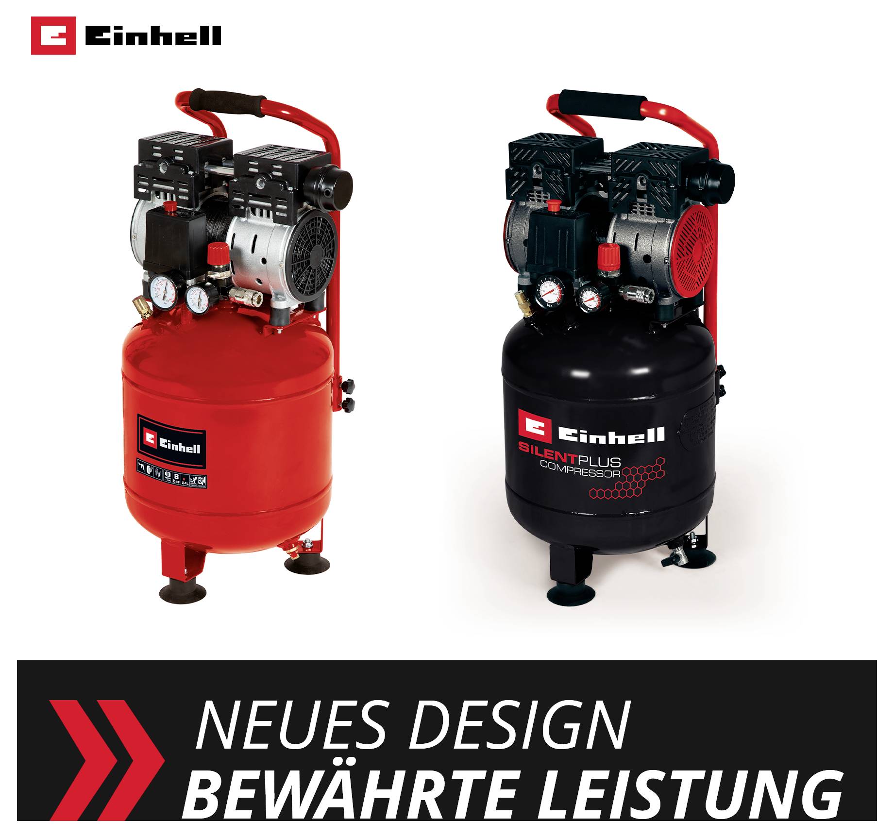 Two Einhell compressors, red and black, side by side; underneath the slogan 'NEW DESIGN PROVEN PERFORMANCE'.