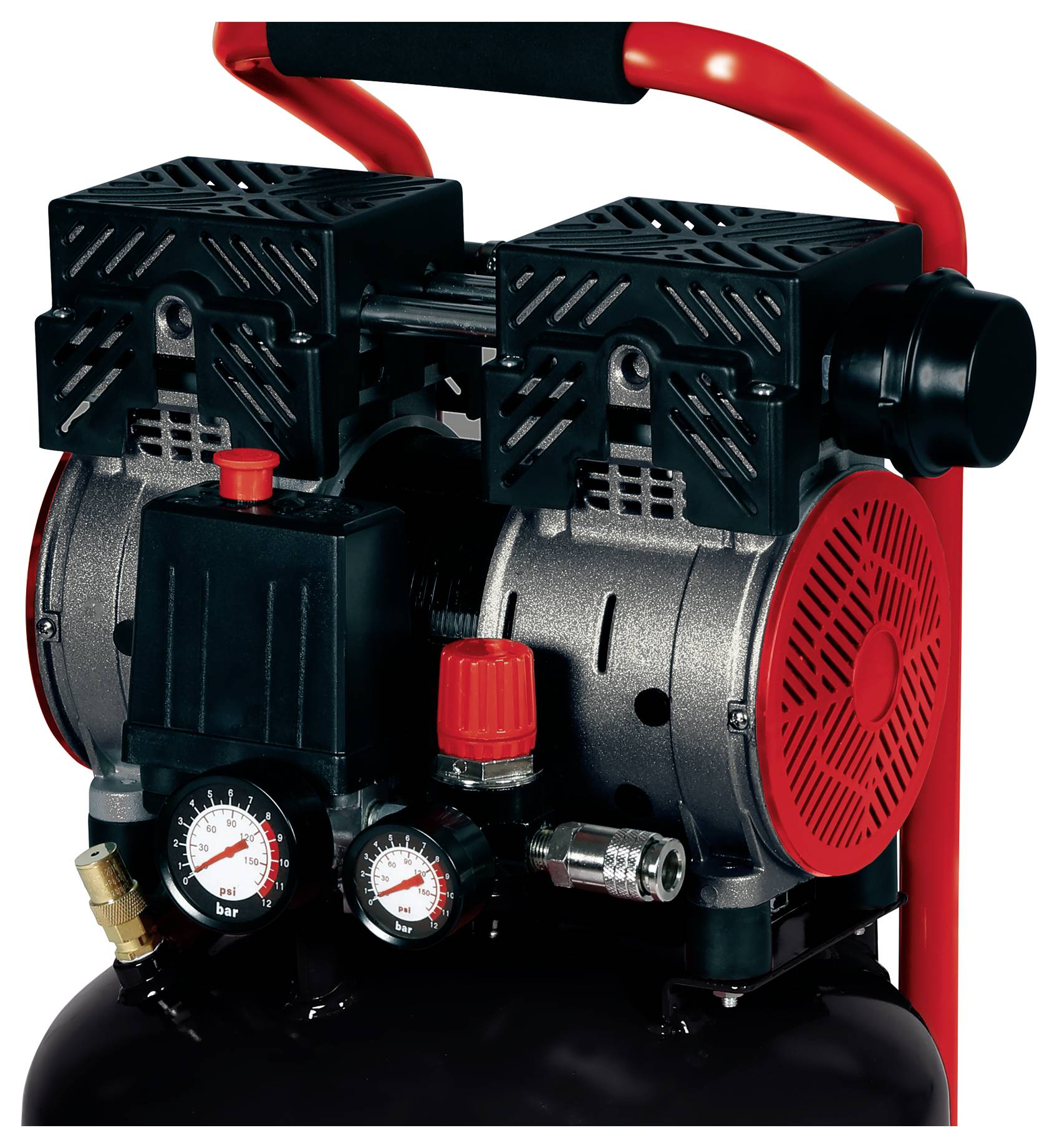 Portable air compressor with red handle, dual motor housings, pressure gauges, and red vent cover on a black tank<br>