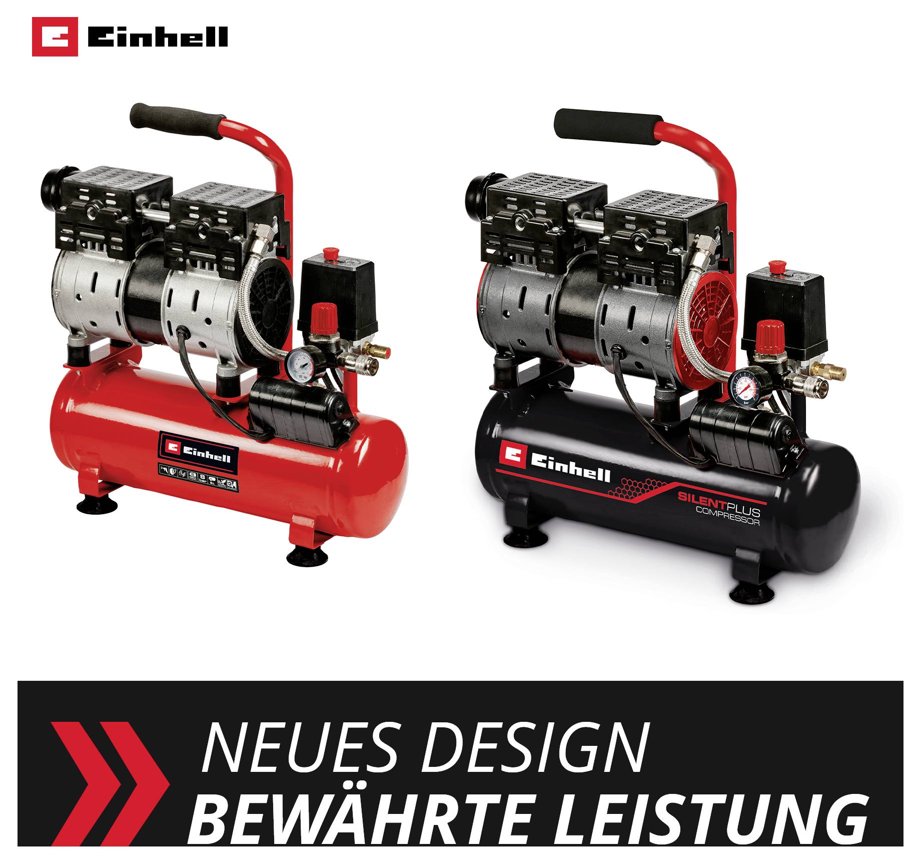 Advertising graphic with two Einhell compressors, left red standard version, right black Silent Plus version; below the slogan 'NEW DESIGN PROVEN PERFORMANCE'.