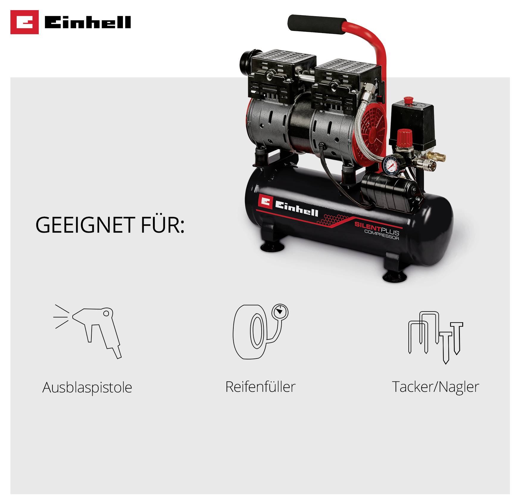 Einhell compressor with the note 'Suitable for': blow-out gun, tyre inflator and stapler/nailer.