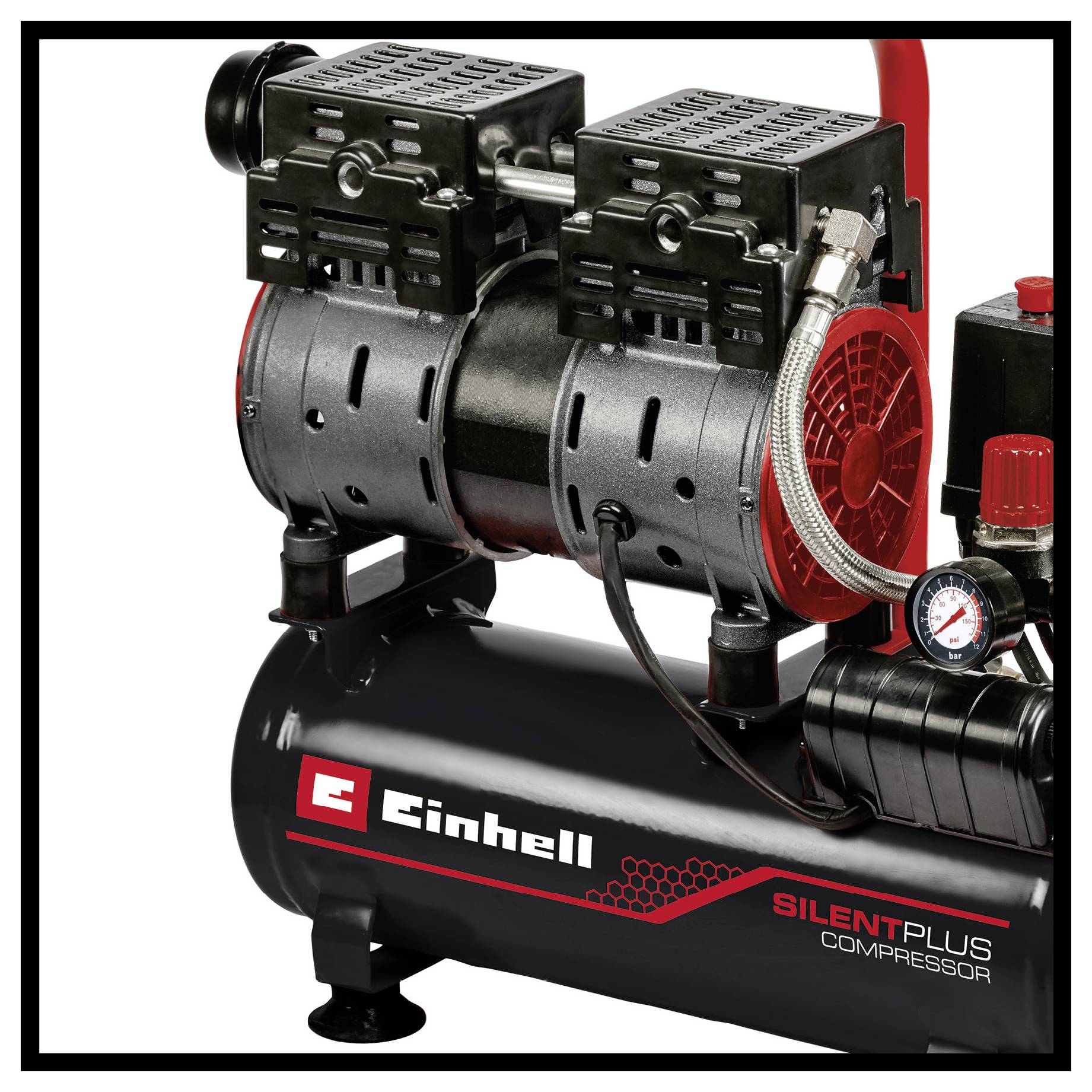 Black Einhell Silent Plus air compressor with dual motors, pressure gauge, and red control fittings on a white background.