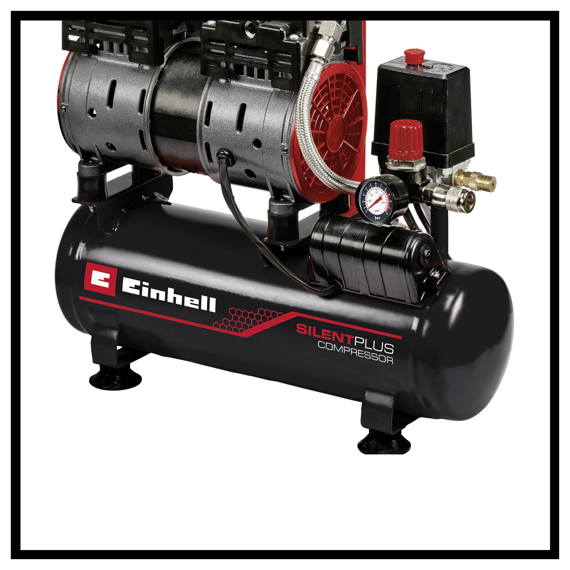 A black Einhell Silent Plus air compressor with motor, pressure gauge, and red control valve on a tank.<br>