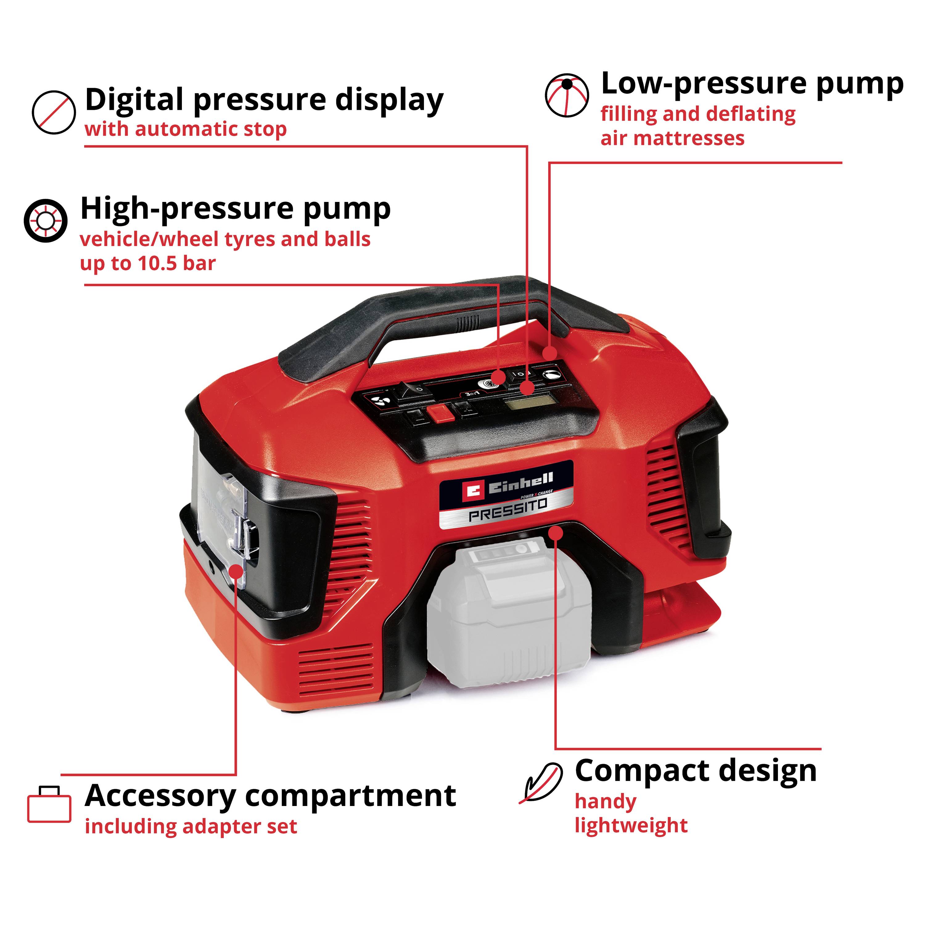 A red, portable compressor by Einhell with a digital pressure display, high and low-pressure pump, compact design, and accessory compartment.