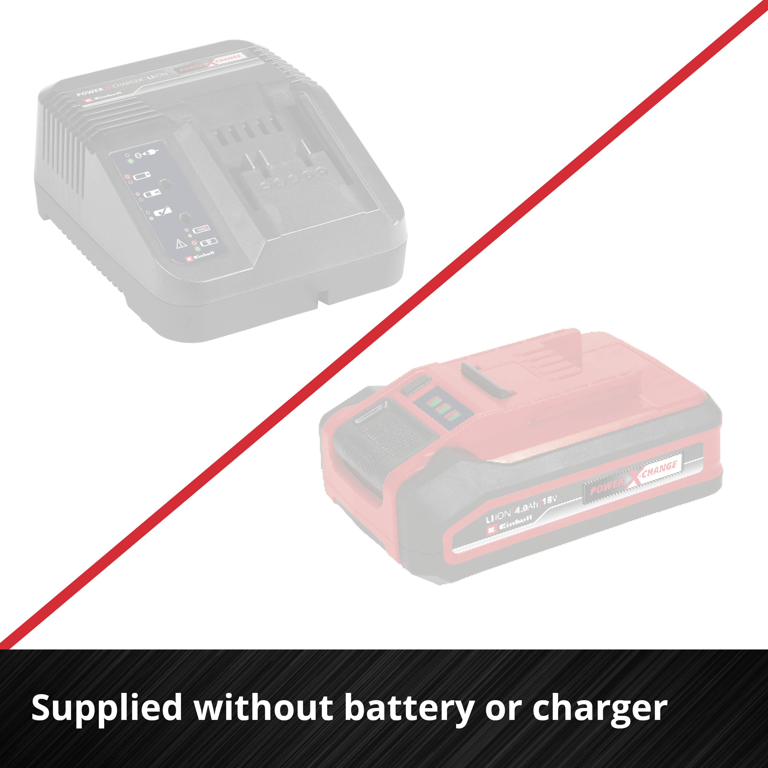 'Battery and charger sold separately.' An image shows a battery charger and a battery side by side. Both are grey with coloured accents.