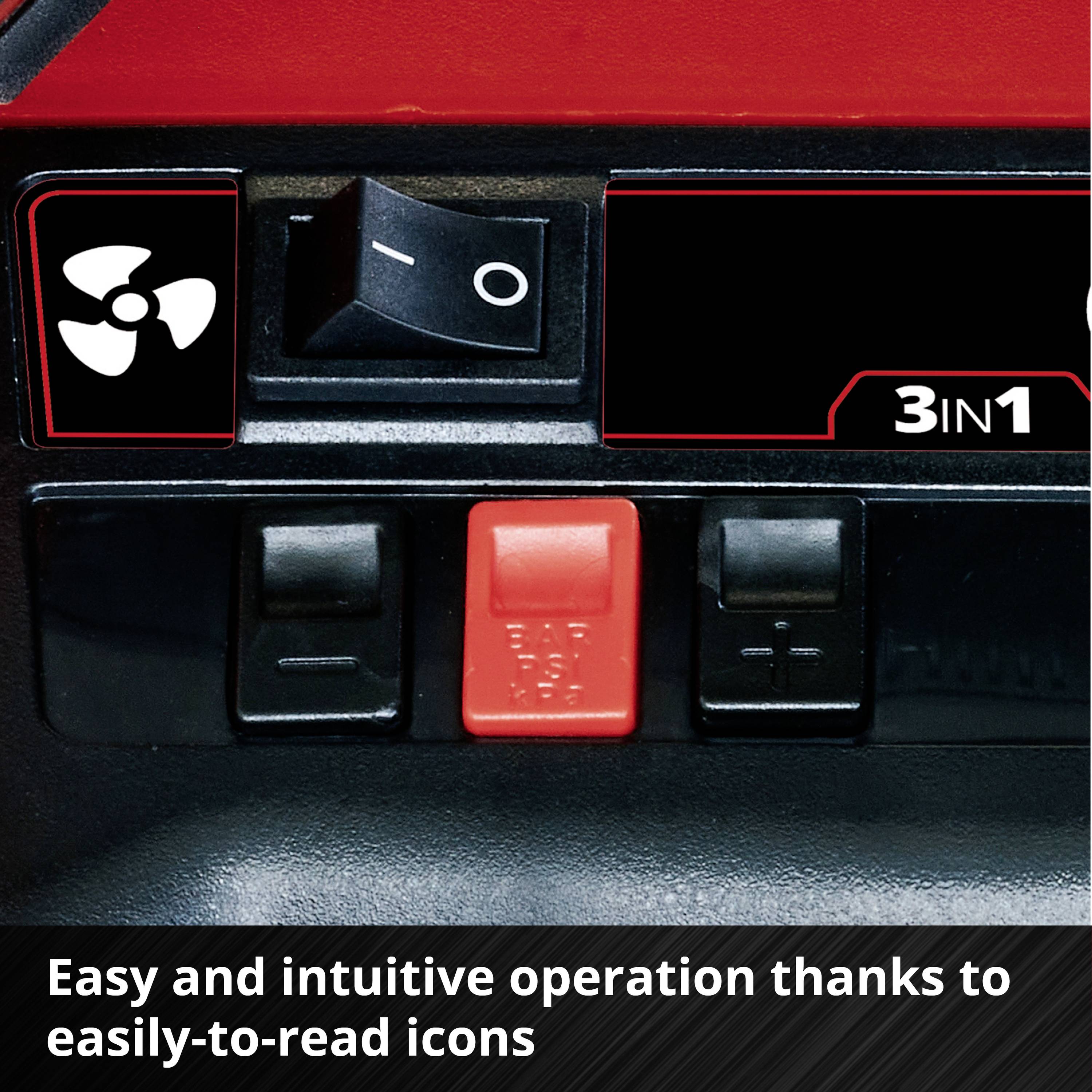 Control panel with switch and symbols. Text: 'Simple and intuitive operation thanks to clearly recognisable symbols'.