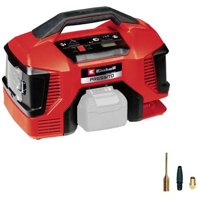 Red portable compressor with digital display, filling nozzle, and accessories. Ideal for tyres and balls. Brand name 'Einhell'.