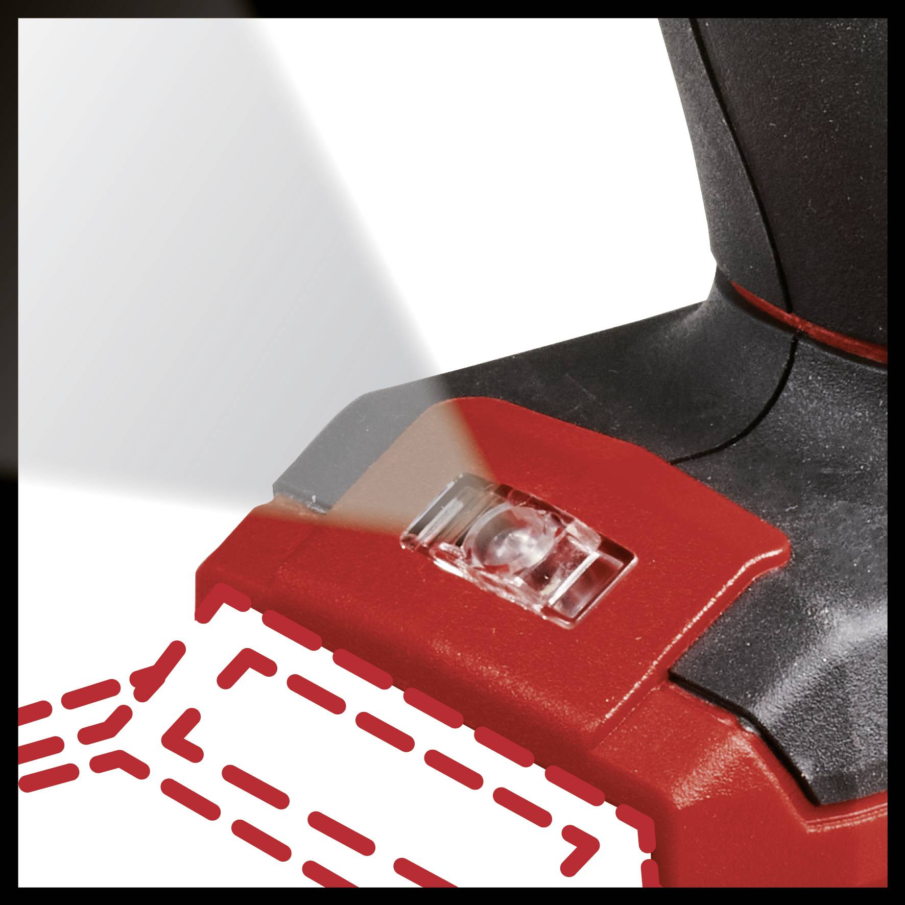 Electric tool, close-up of a red laser marker, indicating precise cuts. Suitable for construction or DIY work.
