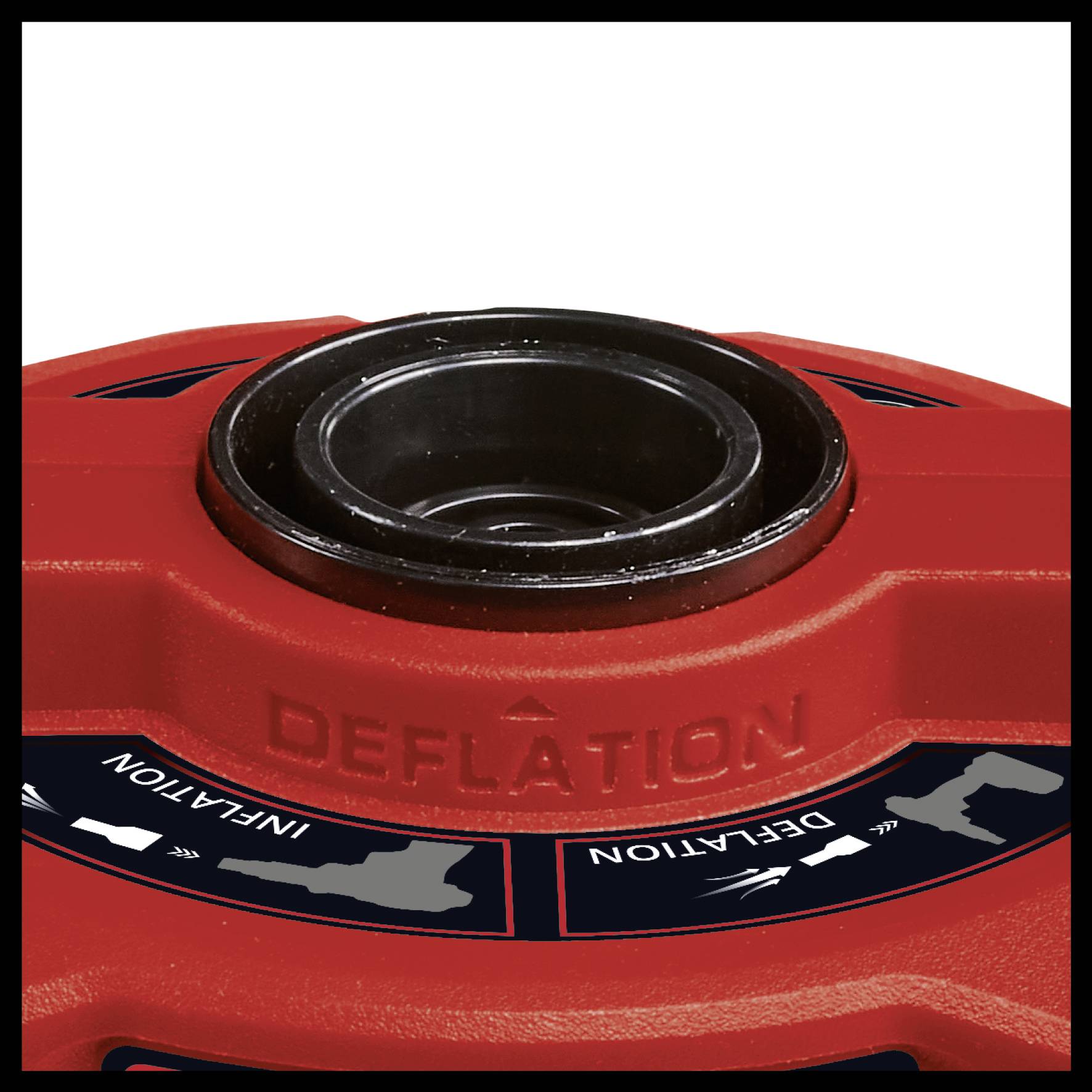 Red object with a black circular section in the middle, labelled with 'Deflation' and 'Inflation' in white text on a grey background.