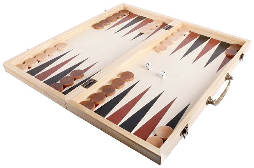 Backgammon board with playing pieces in starting position; two dice are visible on the board.
