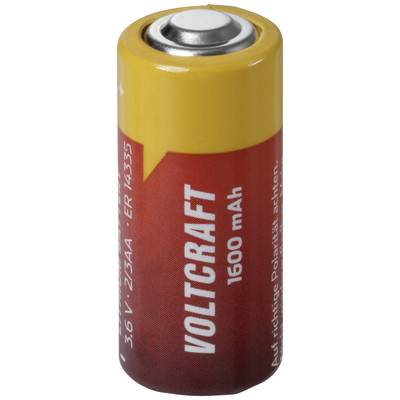 A yellow and red rechargeable battery with the inscription 'Voltcraft 1600 mAh', designed for 3.6V power.