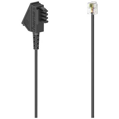 'Black telephone cable with TAE-F plug on the left and transparent RJ11 plug on the right, for connecting telephone and socket.'