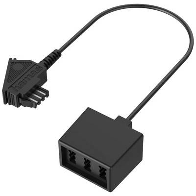A black, triple-distributed power adapter with a round plug and a short cable, used for electrical device connections.