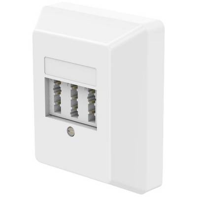 White telephone socket with three outlets, wall-mountable.