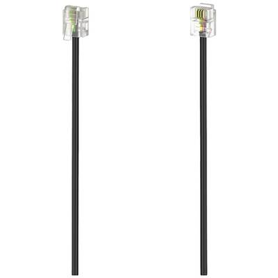 Two black telephone cables with transparent plugs, revealing coloured wires.