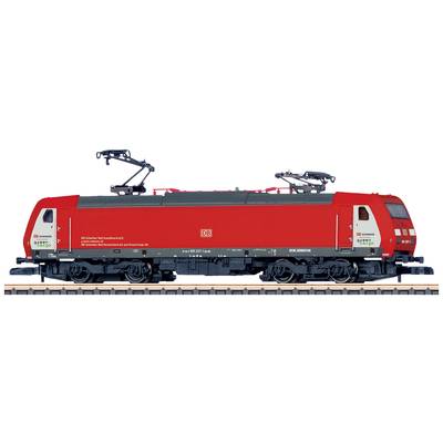 Red model of a German electric locomotive on tracks, with DB logo and lettering 'DB Schenker Rail' and 'Captrain' on the side.