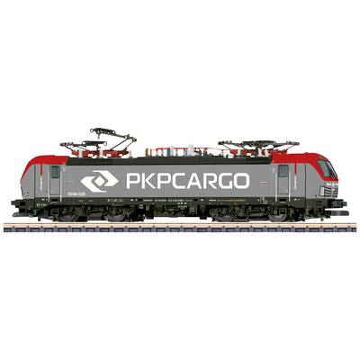 A freight train locomotive from PKP Cargo on railway tracks, with a red and grey design, featuring the logo and predominantly visible pantograph.