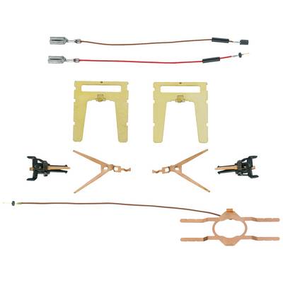 A set of electronic contact components: Two gold-coloured holders, two black clips, two crossed copper rails, connected cables.