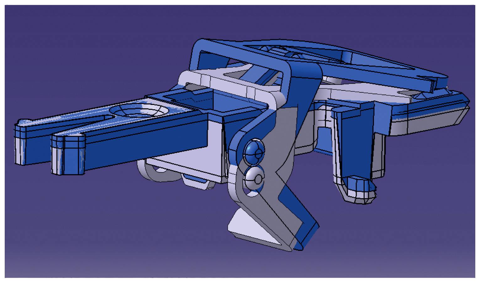 3D model of a blue and white mechanical device with levers and joints, potentially part of a larger machine.