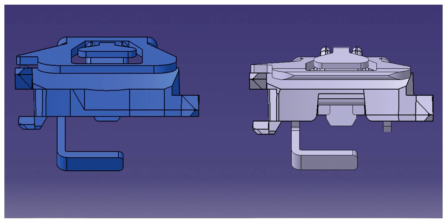 Two technical drawings of a metal component; one on the left in blue, the other on the right in grey. Both show different perspectives and details.