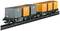 Goods train model with seven orange freight containers and grey end wagons, standing on a railway track.