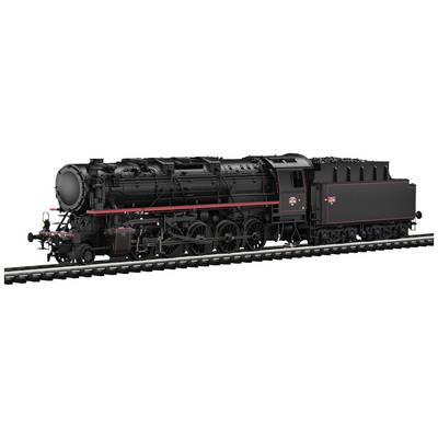 A black steam locomotive with multiple wheels travels along a railway section. It is intricately detailed and showcases historical engineering.