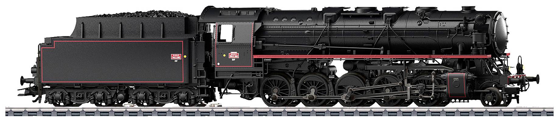 A black steam locomotive with a red stripe, positioned sideways on railway tracks. Historic design, detailed view of wheels and boiler.