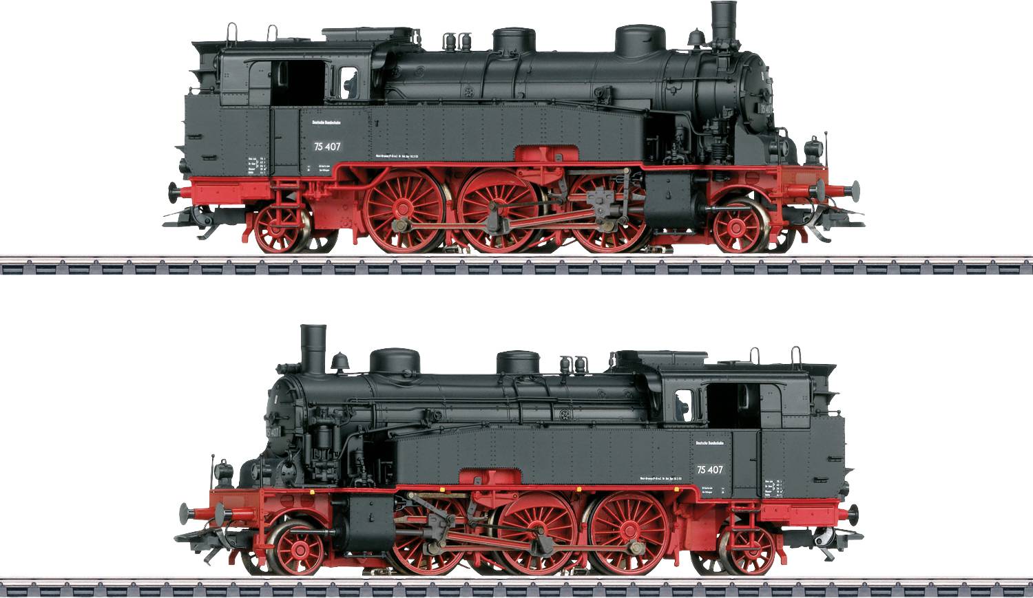 Two historic steam locomotives side by side on railway tracks, featuring a black and red design, different perspectives highlighting technical details.