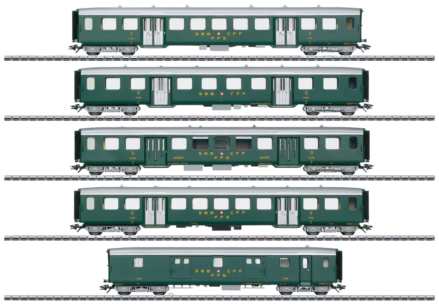 Five green railway carriages displayed side by side, each featuring different window and door configurations.