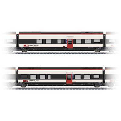 Two silhouettes of SBB CFF FFS trains on railway tracks, featuring red and black stripes and red doors.