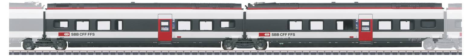Side view of a train, consisting of two grey carriages with black and red accents on a railway track.