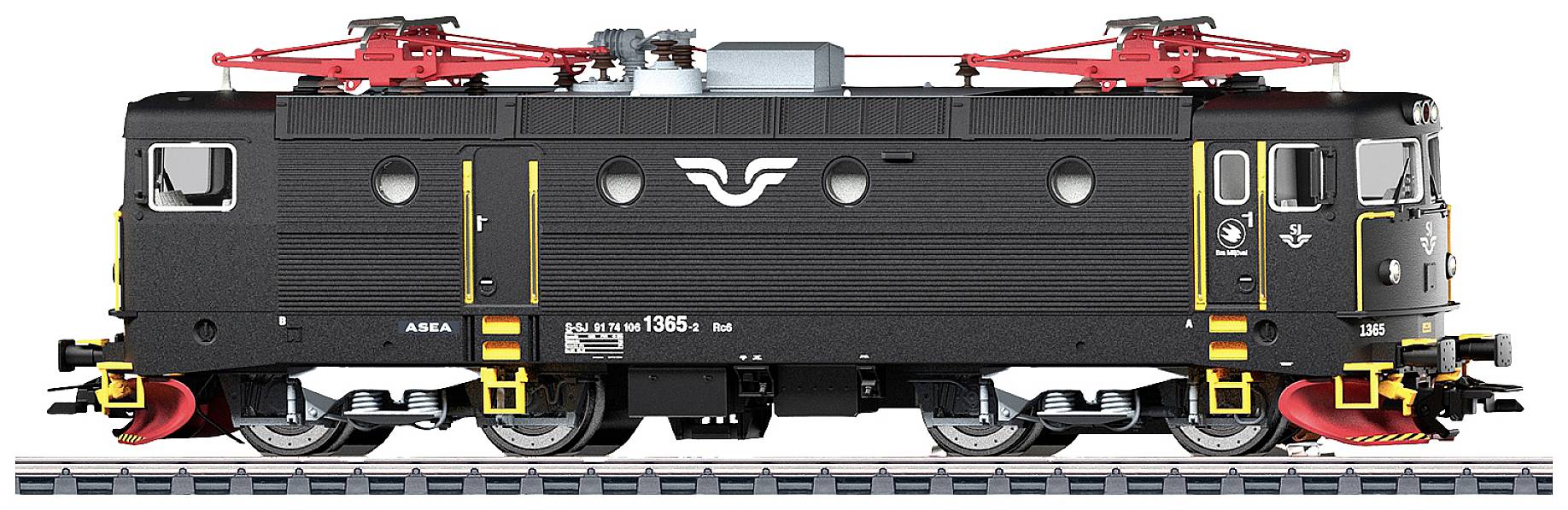 Black electric locomotive with red pantographs on railway tracks, side view. Locomotive number 1354, with yellow accents and logo in the centre.