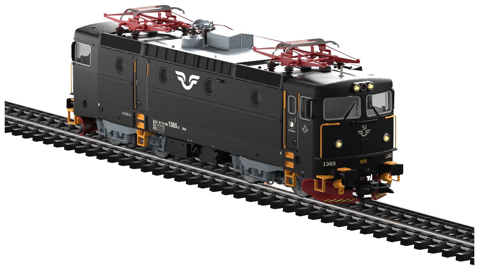 A black model of an electric locomotive is travelling on railway tracks. The locomotive has red pantographs and detailed markings.