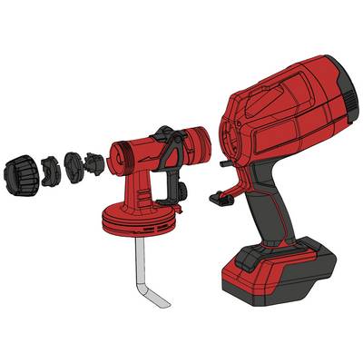 Cordless drill with extended accessories: various drill heads and attachments displayed alongside the tool.