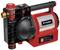 'Einhell Water Pump', red and black, compact design, carrying handle on top, inlet and outlet on the side, used for domestic water supply.