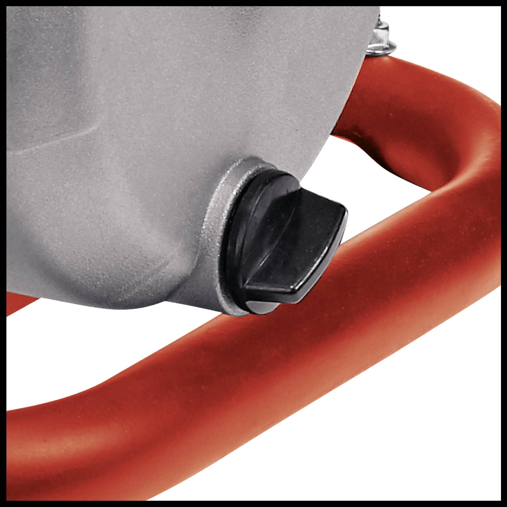 Silver mechanical component with a black lever, attached to a red, curved metal handle.