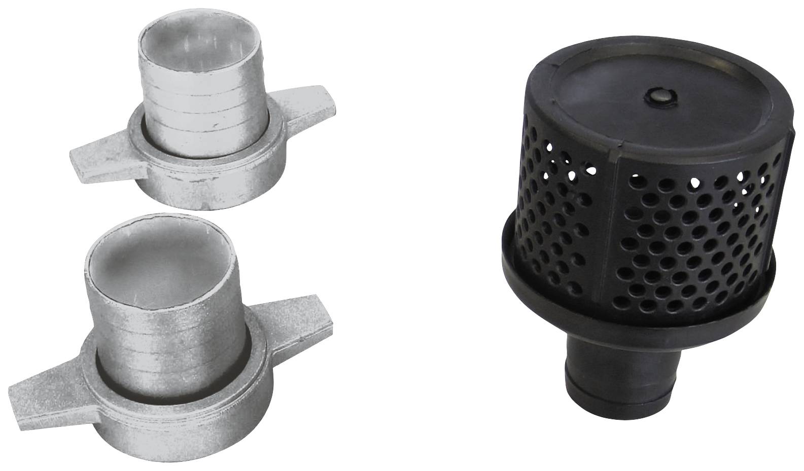 Three machine parts: Two silver couplings with handles on the left, on the right a black, perforated air intake guard.