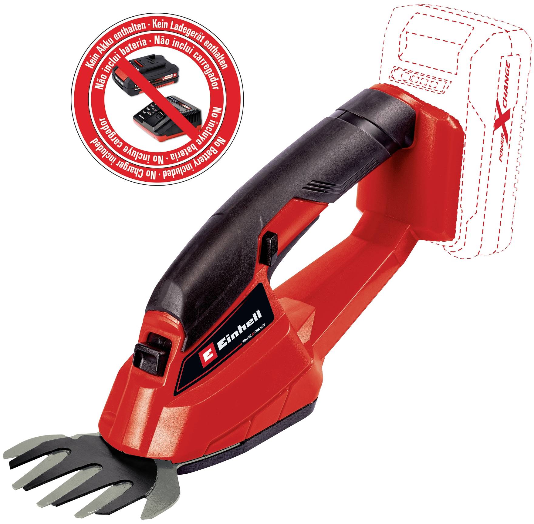 Cordless screwdriver with red handle and black switch, without battery and charger. Sticker reads: 'No battery included. No charger included.'