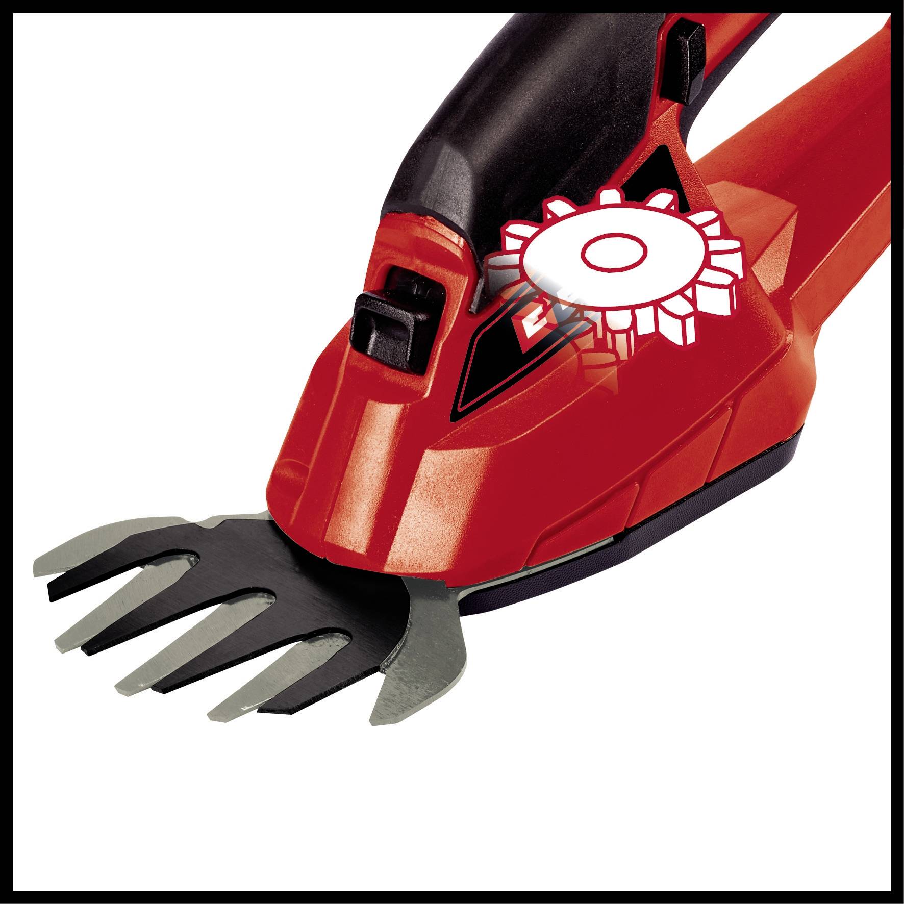 A red electric grass trimmer with a black handle and grey blades, suitable for cutting grass.
