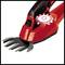 A red electric grass trimmer with a black handle and grey blades, suitable for cutting grass.