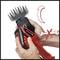 A red sheep shearing machine is held by hand. An arrow indicates the rotation of the top blade. Two crossed spanners with an "X" symbolise tool-free blade adjustment.