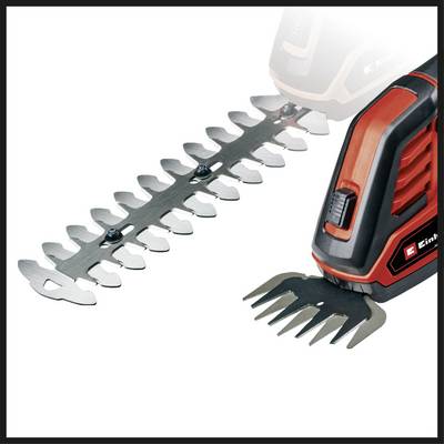 An electric garden tool with blades, suitable for trimming shrubs and hedges. It has a red casing with black accents.