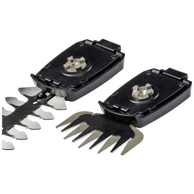 Two black, interchangeable attachments for a garden tool: on the left a hedge trimmer, on the right a grass cutter. They are pictured against a white background.