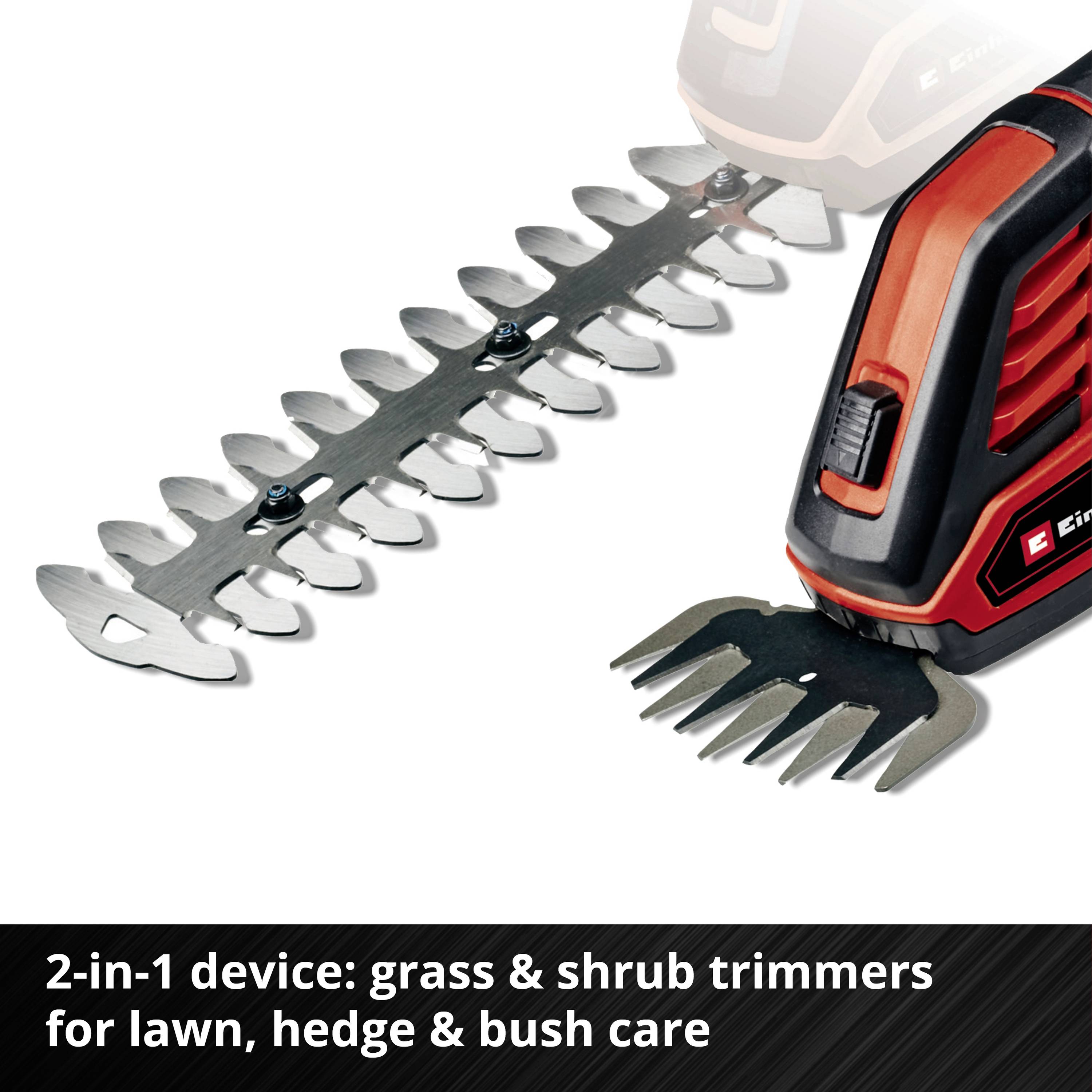 Battery-powered 2-in-1 garden tool with interchangeable attachments for maintaining lawns, hedges, and bushes.