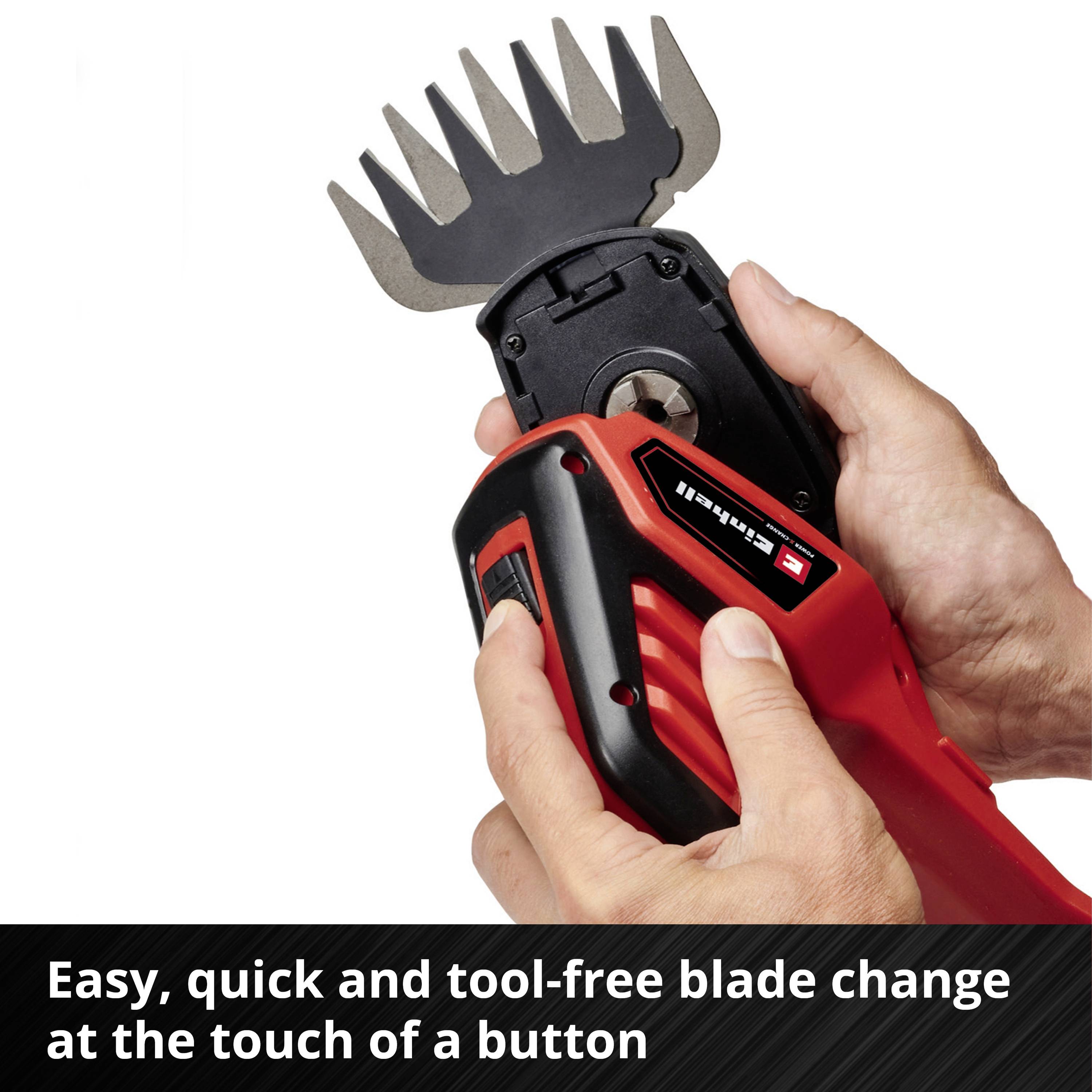'Simple, faster and toolless blade change at the push of a button' is depicted on a hand-held clipper.