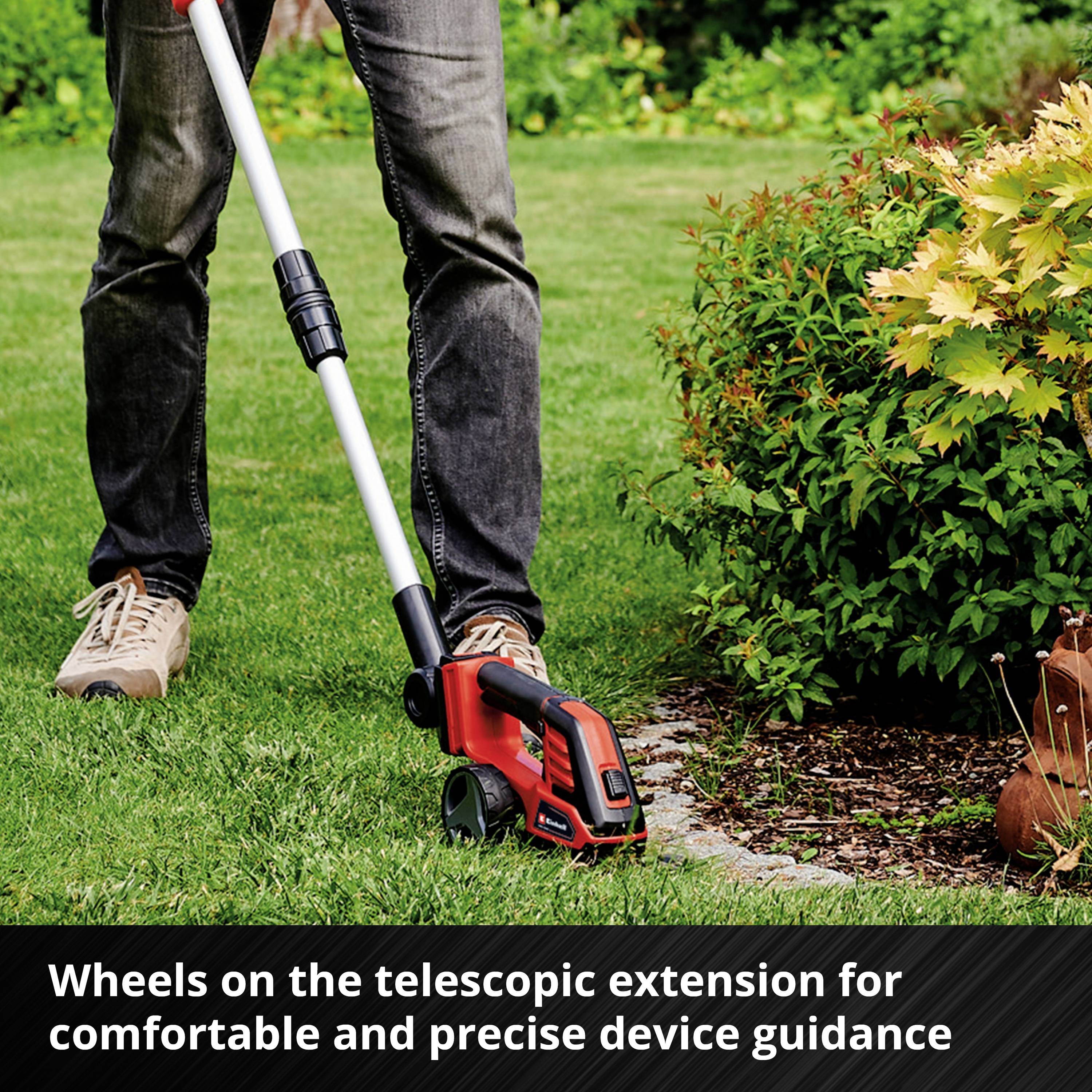A person is mowing the lawn with an electric strimmer. Tool on a telescopic extension; a flowering plant is nearby.
