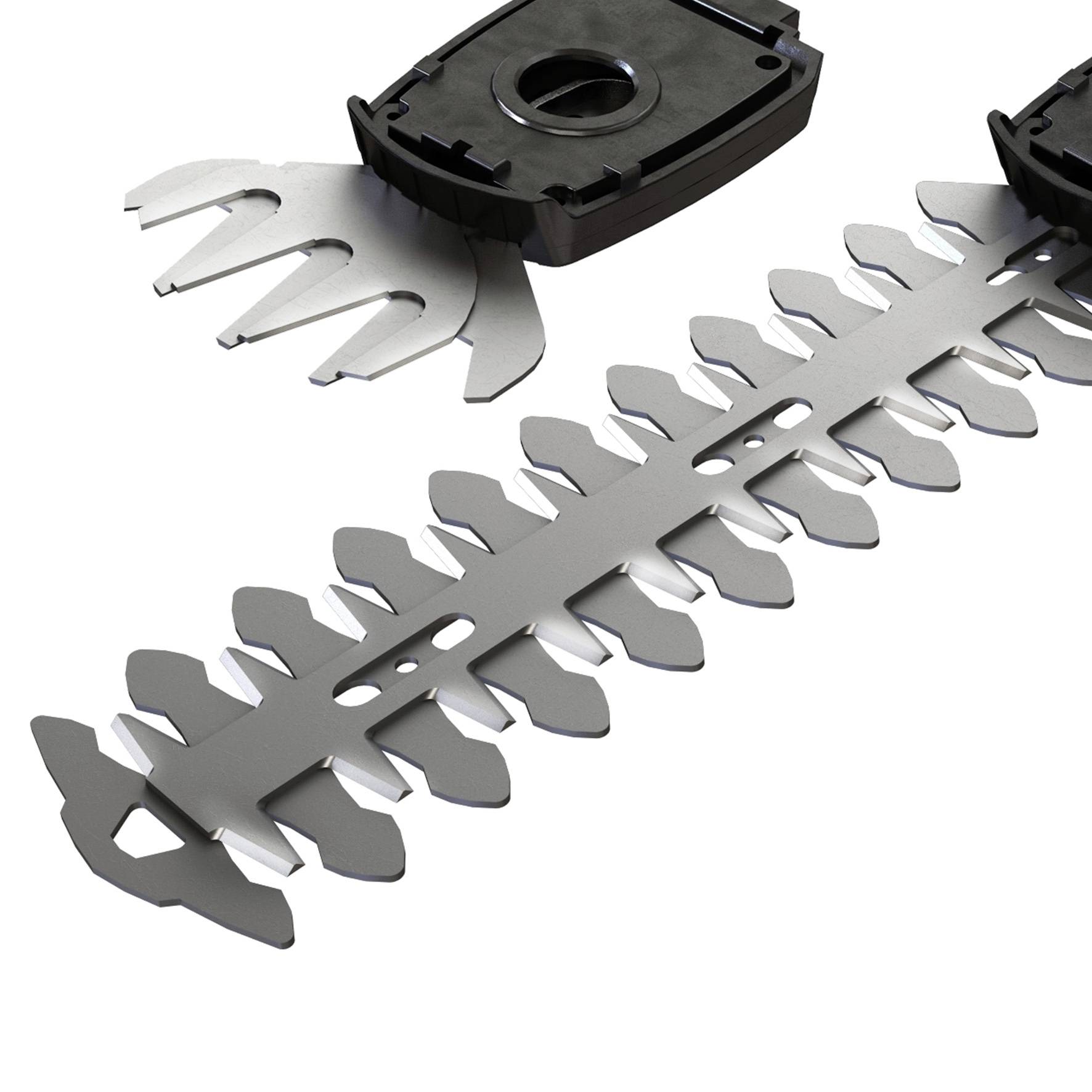 A set of black, metallic garden cutting blades with multiple teeth, one specifically for lawn edges, on a white background.