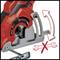 Close-up of a red circular saw with an arrow and a symbol indicating tool-free adjustment.